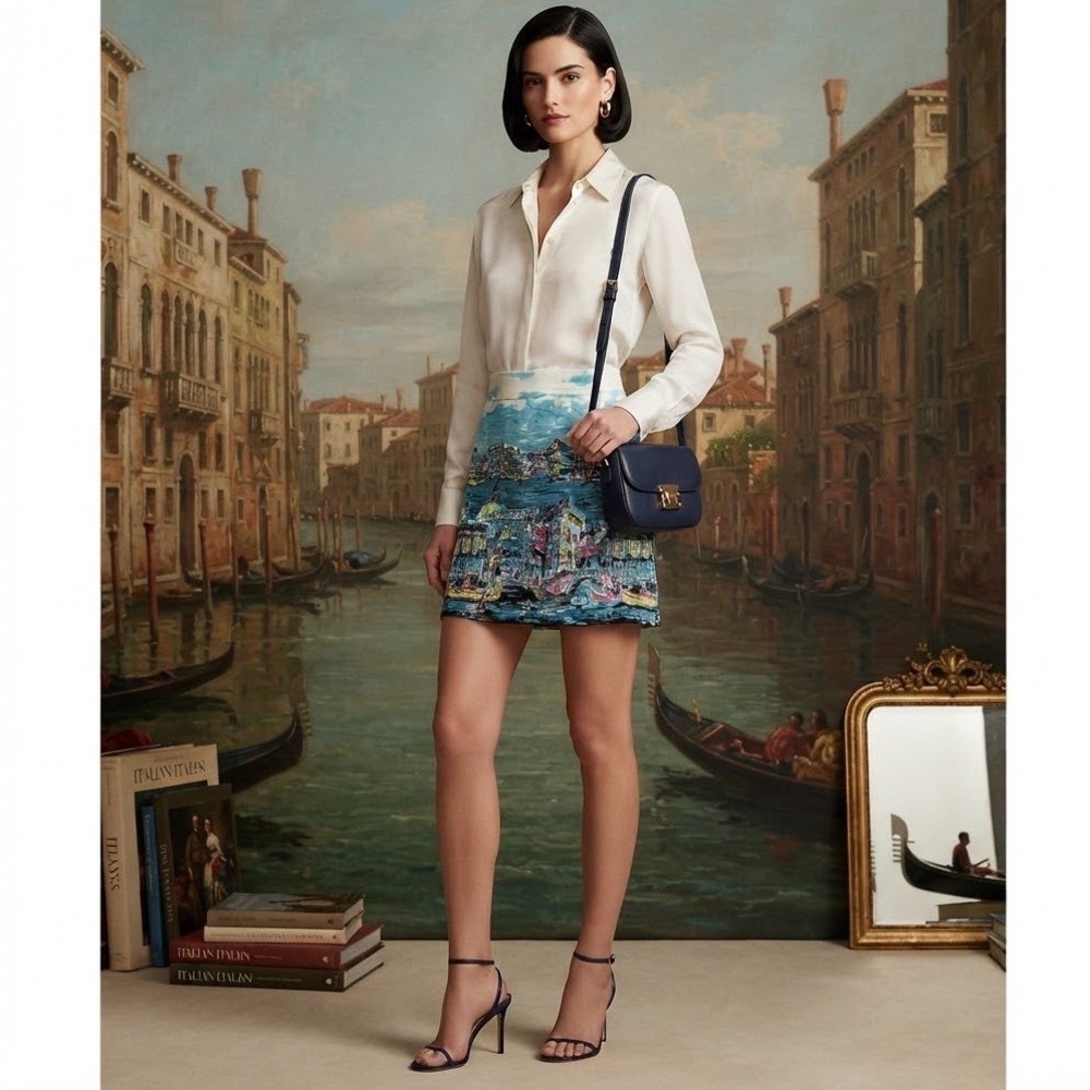 Talbots Venice Canal Print Mini Skirt Blue White Italy Scene Size 12